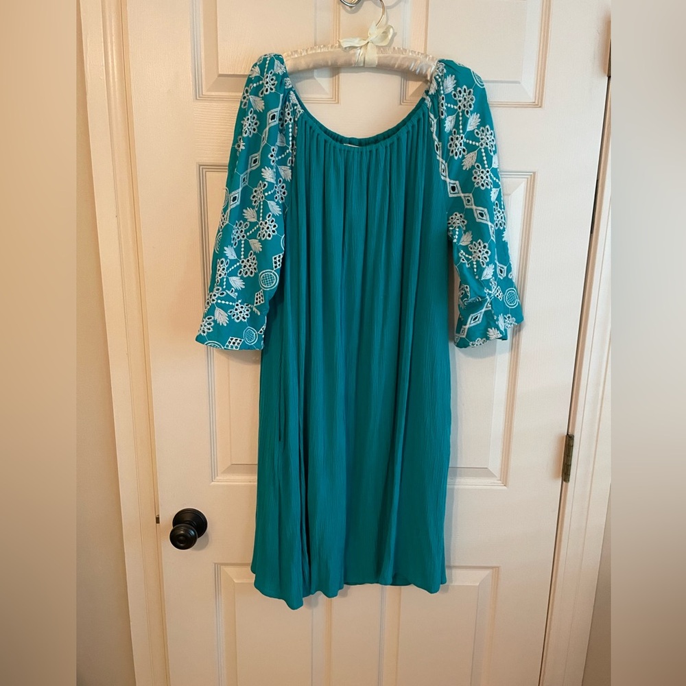 Cato Blue Bishop Sleeve Sundress has embroidered sleeves